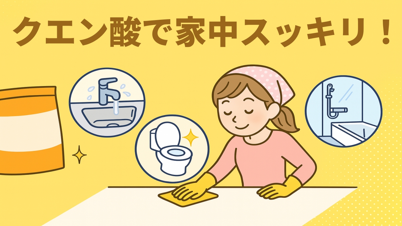 クエン酸を使ってキッチンや浴室、トイレを掃除する女性のイラスト。水垢や尿石を落とすお掃除裏技を紹介するイメージ。