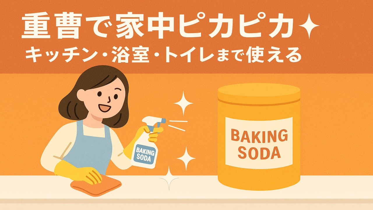 重曹を使ってキッチンや浴室、トイレを掃除する女性のイラスト。プロ直伝のお掃除裏技を紹介する緑風舎のアイキャッチ画像。