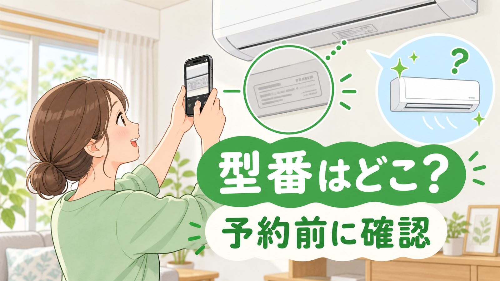 エアコンの型番確認とお掃除機能の見分け方を示す日本語イラスト