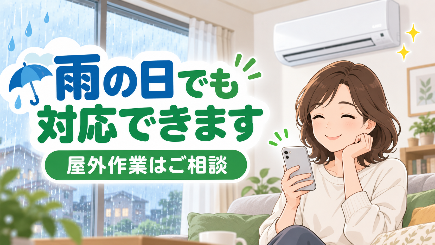 雨の日でもエアコンクリーニングに対応できることを示す日本語イラスト