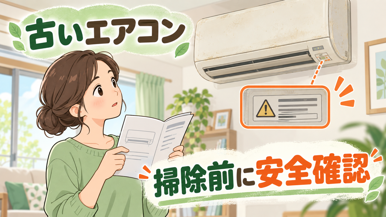 古いエアコンの製造年と安全表示を確認する日本語イラスト