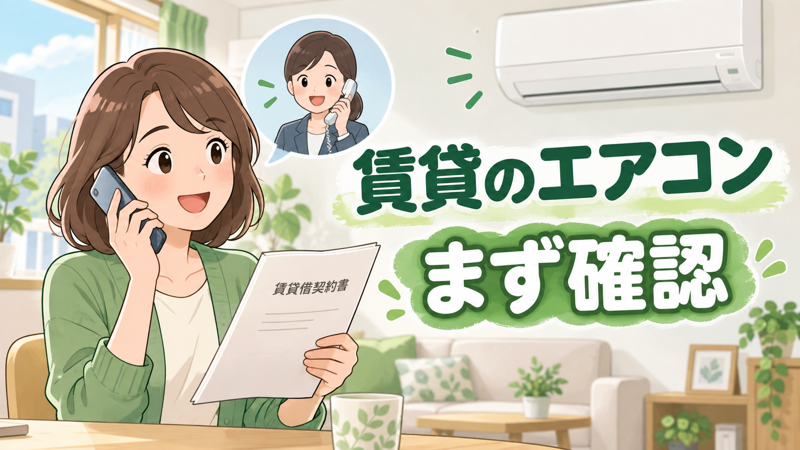 賃貸住宅のエアコン清掃前に管理会社へ確認する日本語イラスト