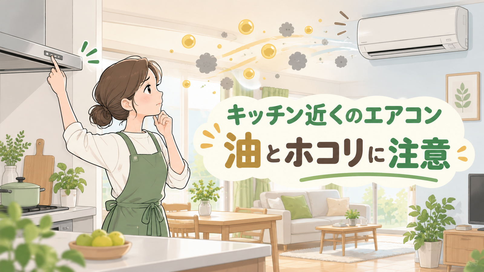 キッチン近くのエアコンに油とホコリが付く流れを示す日本語イラスト