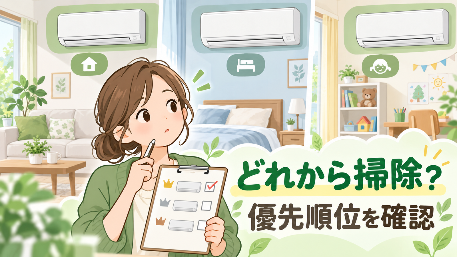 リビングと寝室と子ども部屋のエアコン掃除優先順位を示す日本語イラスト
