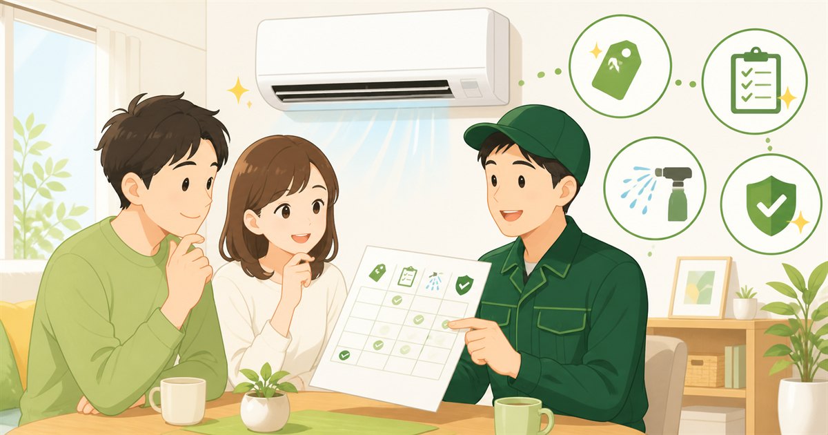 高槻市でエアコンクリーニング業者の料金や洗浄方法を確認する家族のイラスト
