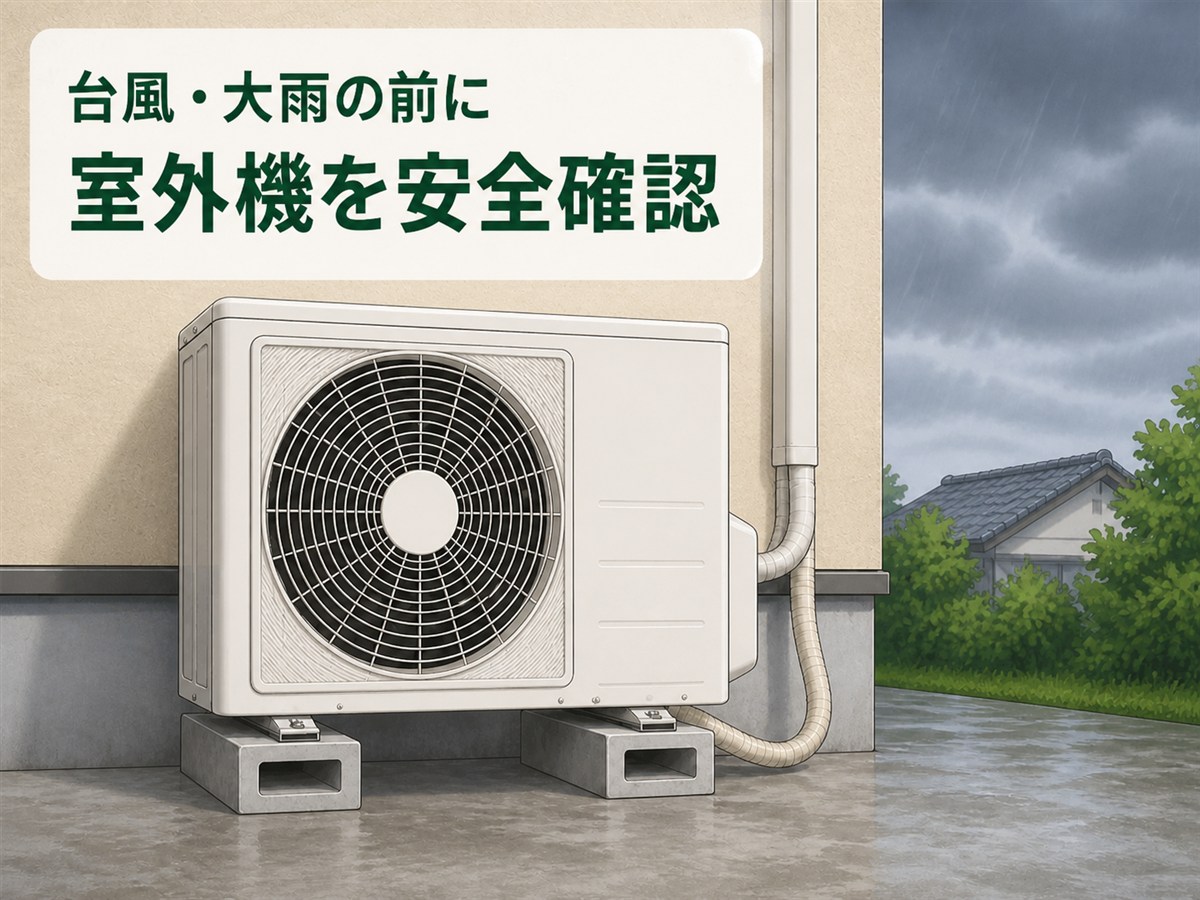 台風・大雨の前にエアコン室外機を安全確認するイラスト